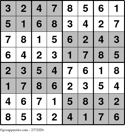 The grouppuzzles.com Answer grid for the SuperSudoku-8 puzzle for Saturday February 7, 2026
