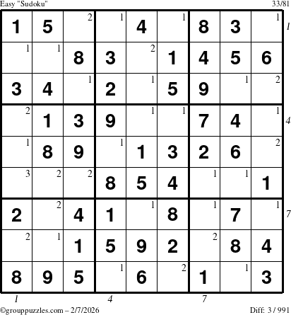 The grouppuzzles.com Easy Sudoku puzzle for Saturday February 7, 2026 with all 3 steps marked