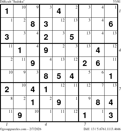 The grouppuzzles.com Difficult Sudoku puzzle for Saturday February 7, 2026, suitable for printing, with all 13 steps marked