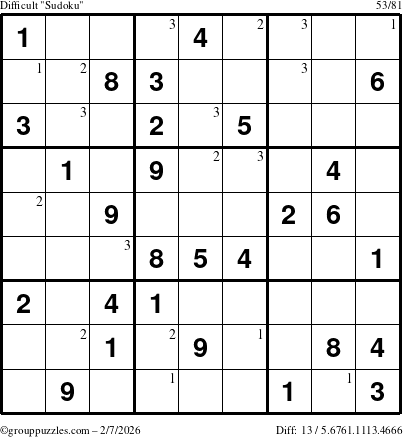 The grouppuzzles.com Difficult Sudoku puzzle for Saturday February 7, 2026 with the first 3 steps marked