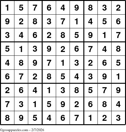 The grouppuzzles.com Answer grid for the Sudoku puzzle for Saturday February 7, 2026