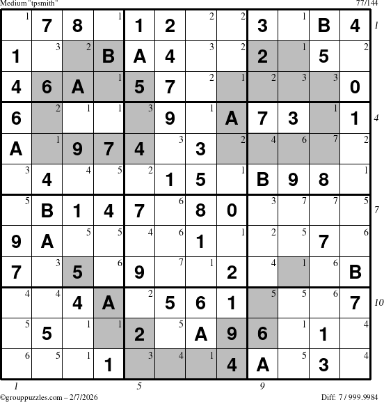 The grouppuzzles.com Medium tpsmith puzzle for Saturday February 7, 2026 with all 7 steps marked