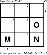 The grouppuzzles.com Easy TicTac-MNO puzzle for Saturday February 7, 2026, suitable for printing, with all 2 steps marked