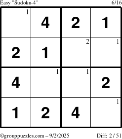 The grouppuzzles.com Easy Sudoku-4 puzzle for Tuesday September 2, 2025 with the first 2 steps marked