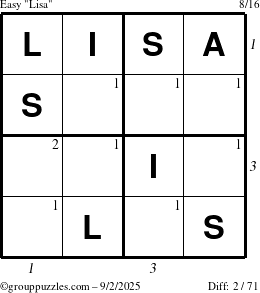 The grouppuzzles.com Easy Lisa puzzle for Tuesday September 2, 2025 with all 2 steps marked