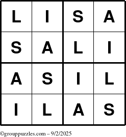 The grouppuzzles.com Answer grid for the Lisa puzzle for Tuesday September 2, 2025