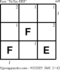 The grouppuzzles.com Easy TicTac-DEF puzzle for Tuesday September 2, 2025, suitable for printing, with all 2 steps marked