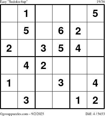 The grouppuzzles.com Easy Sudoku-6up puzzle for Tuesday September 2, 2025