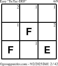 The grouppuzzles.com Easy TicTac-DEF puzzle for Tuesday September 2, 2025 with the first 2 steps marked