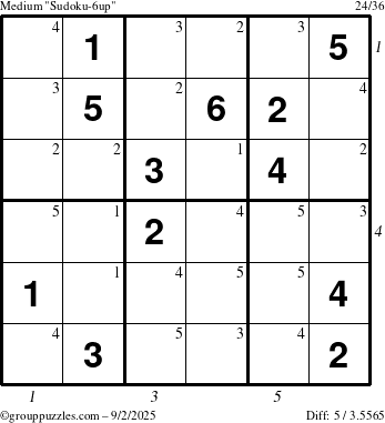 The grouppuzzles.com Medium Sudoku-6up puzzle for Tuesday September 2, 2025, suitable for printing, with all 5 steps marked