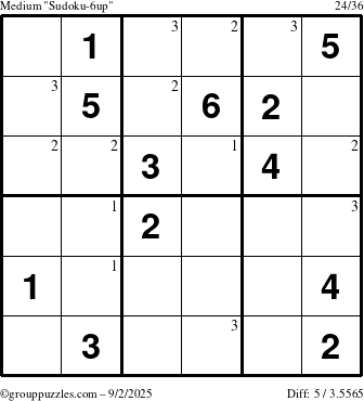 The grouppuzzles.com Medium Sudoku-6up puzzle for Tuesday September 2, 2025 with the first 3 steps marked