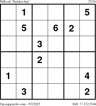 The grouppuzzles.com Difficult Sudoku-6up puzzle for Tuesday September 2, 2025