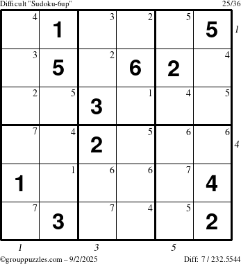 The grouppuzzles.com Difficult Sudoku-6up puzzle for Tuesday September 2, 2025 with all 7 steps marked