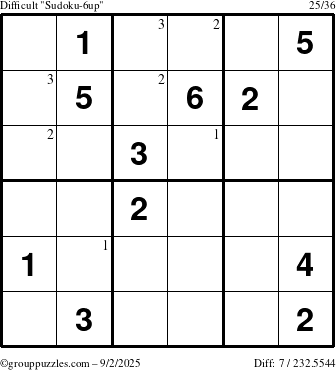 The grouppuzzles.com Difficult Sudoku-6up puzzle for Tuesday September 2, 2025 with the first 3 steps marked