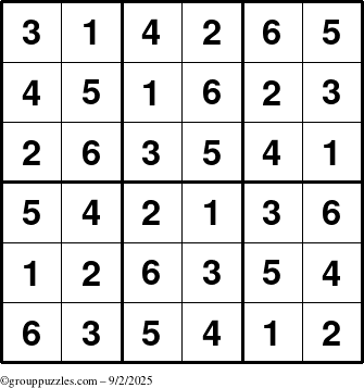 The grouppuzzles.com Answer grid for the Sudoku-6up puzzle for Tuesday September 2, 2025
