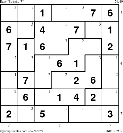 The grouppuzzles.com Easy Sudoku-7 puzzle for Tuesday September 2, 2025 with all 3 steps marked