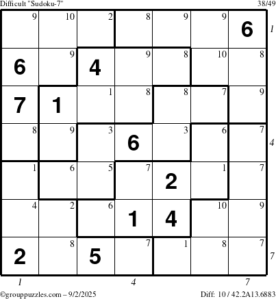 The grouppuzzles.com Difficult Sudoku-7 puzzle for Tuesday September 2, 2025, suitable for printing, with all 10 steps marked