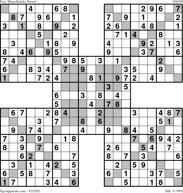 The grouppuzzles.com Easy HyperSudoku-Xtreme puzzle for Tuesday September 2, 2025