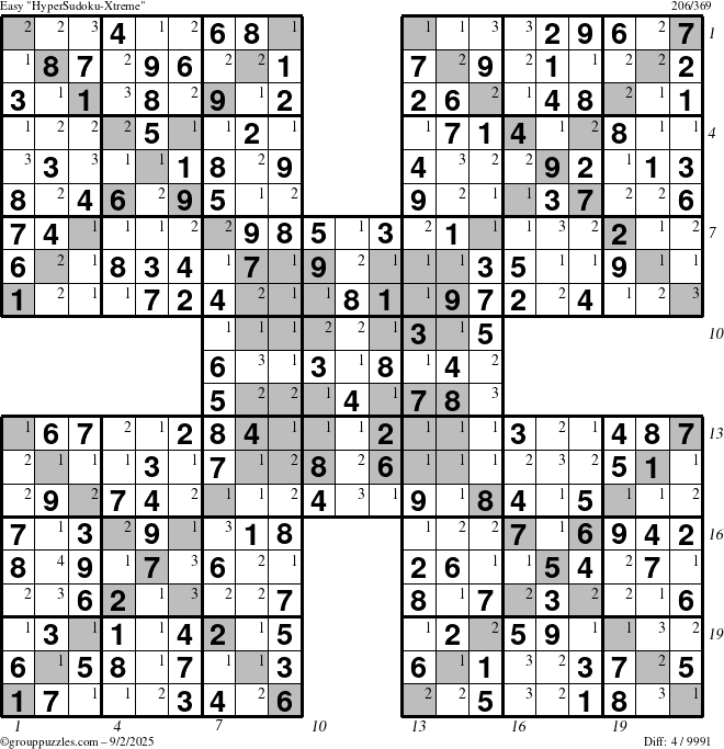 The grouppuzzles.com Easy HyperSudoku-Xtreme puzzle for Tuesday September 2, 2025 with all 4 steps marked