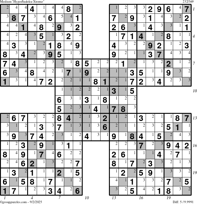 The grouppuzzles.com Medium HyperSudoku-Xtreme puzzle for Tuesday September 2, 2025 with all 5 steps marked