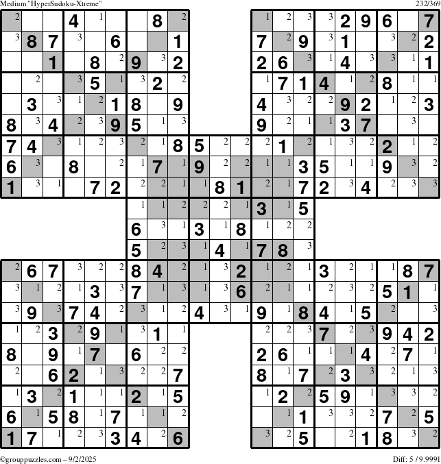 The grouppuzzles.com Medium HyperSudoku-Xtreme puzzle for Tuesday September 2, 2025 with the first 3 steps marked