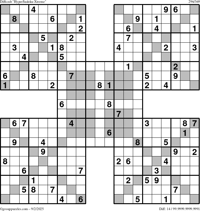 The grouppuzzles.com Difficult HyperSudoku-Xtreme puzzle for Tuesday September 2, 2025
