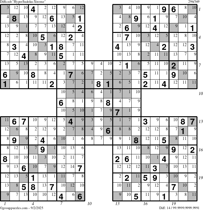 The grouppuzzles.com Difficult HyperSudoku-Xtreme puzzle for Tuesday September 2, 2025 with all 14 steps marked