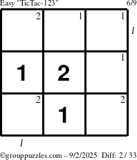 The grouppuzzles.com Easy TicTac-123 puzzle for Tuesday September 2, 2025 with all 2 steps marked