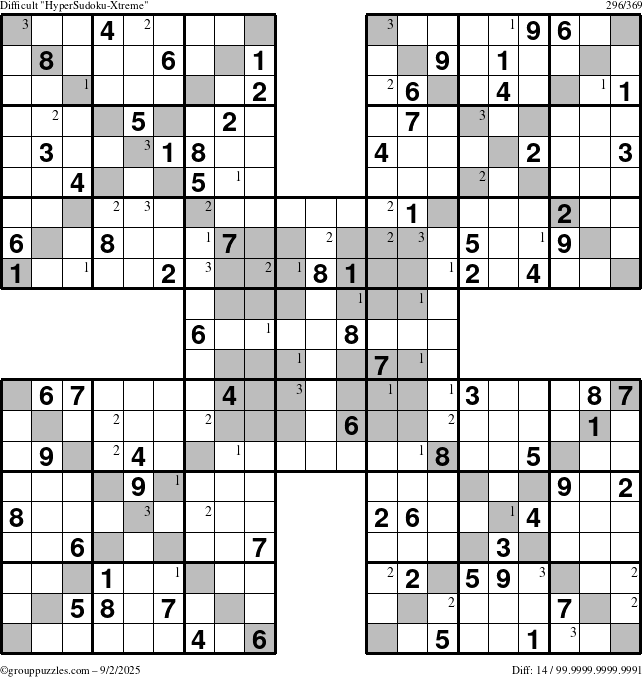 The grouppuzzles.com Difficult HyperSudoku-Xtreme puzzle for Tuesday September 2, 2025 with the first 3 steps marked
