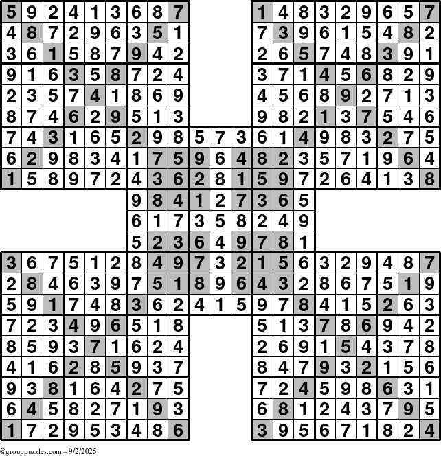 The grouppuzzles.com Answer grid for the HyperSudoku-Xtreme puzzle for Tuesday September 2, 2025