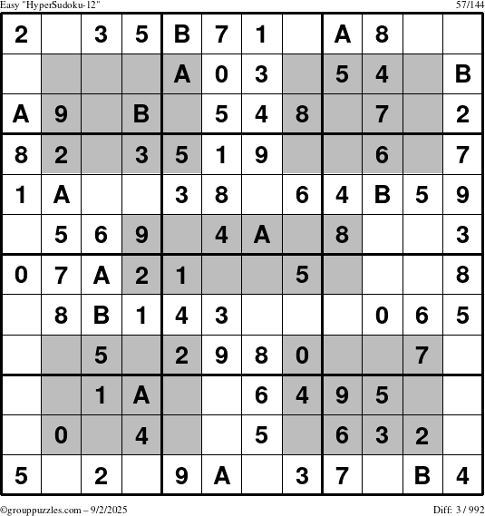 The grouppuzzles.com Easy HyperSudoku-12 puzzle for Tuesday September 2, 2025