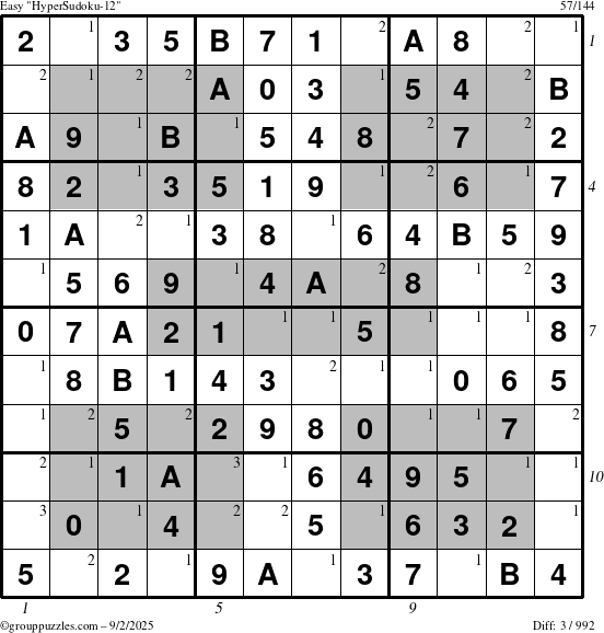 The grouppuzzles.com Easy HyperSudoku-12 puzzle for Tuesday September 2, 2025 with all 3 steps marked