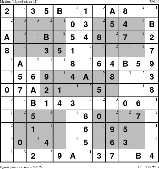 The grouppuzzles.com Medium HyperSudoku-12 puzzle for Tuesday September 2, 2025 with the first 3 steps marked