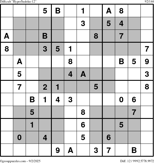 The grouppuzzles.com Difficult HyperSudoku-12 puzzle for Tuesday September 2, 2025