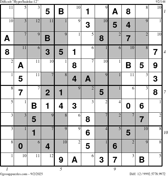 The grouppuzzles.com Difficult HyperSudoku-12 puzzle for Tuesday September 2, 2025 with all 12 steps marked