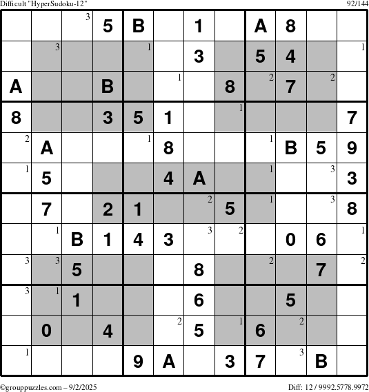 The grouppuzzles.com Difficult HyperSudoku-12 puzzle for Tuesday September 2, 2025 with the first 3 steps marked