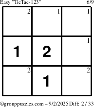 The grouppuzzles.com Easy TicTac-123 puzzle for Tuesday September 2, 2025 with the first 2 steps marked