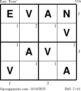 The grouppuzzles.com Easy Evan puzzle for Sunday August 10, 2025 with all 2 steps marked