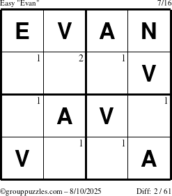 The grouppuzzles.com Easy Evan puzzle for Sunday August 10, 2025 with the first 2 steps marked
