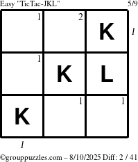The grouppuzzles.com Easy TicTac-JKL puzzle for Sunday August 10, 2025 with all 2 steps marked
