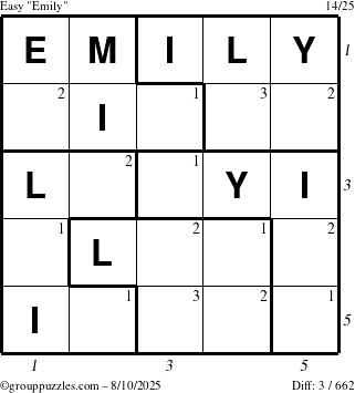 The grouppuzzles.com Easy Emily puzzle for Sunday August 10, 2025 with all 3 steps marked