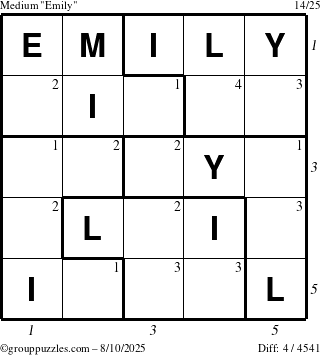 The grouppuzzles.com Medium Emily puzzle for Sunday August 10, 2025 with all 4 steps marked