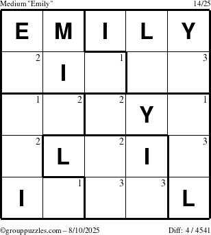 The grouppuzzles.com Medium Emily puzzle for Sunday August 10, 2025 with the first 3 steps marked