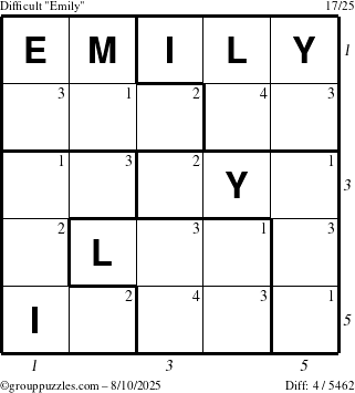 The grouppuzzles.com Difficult Emily puzzle for Sunday August 10, 2025 with all 4 steps marked