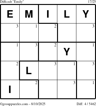 The grouppuzzles.com Difficult Emily puzzle for Sunday August 10, 2025 with the first 3 steps marked