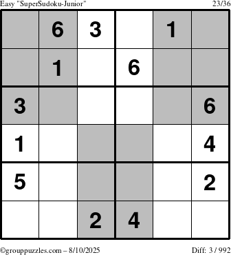 The grouppuzzles.com Easy SuperSudoku-Junior puzzle for Sunday August 10, 2025