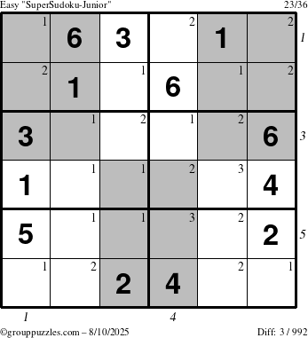 The grouppuzzles.com Easy SuperSudoku-Junior puzzle for Sunday August 10, 2025 with all 3 steps marked
