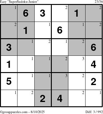 The grouppuzzles.com Easy SuperSudoku-Junior puzzle for Sunday August 10, 2025 with the first 3 steps marked