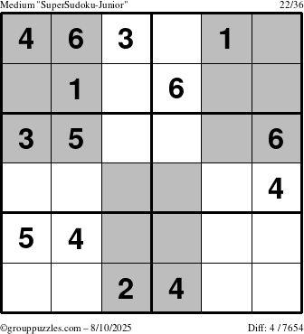 The grouppuzzles.com Medium SuperSudoku-Junior puzzle for Sunday August 10, 2025