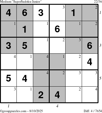The grouppuzzles.com Medium SuperSudoku-Junior puzzle for Sunday August 10, 2025 with all 4 steps marked